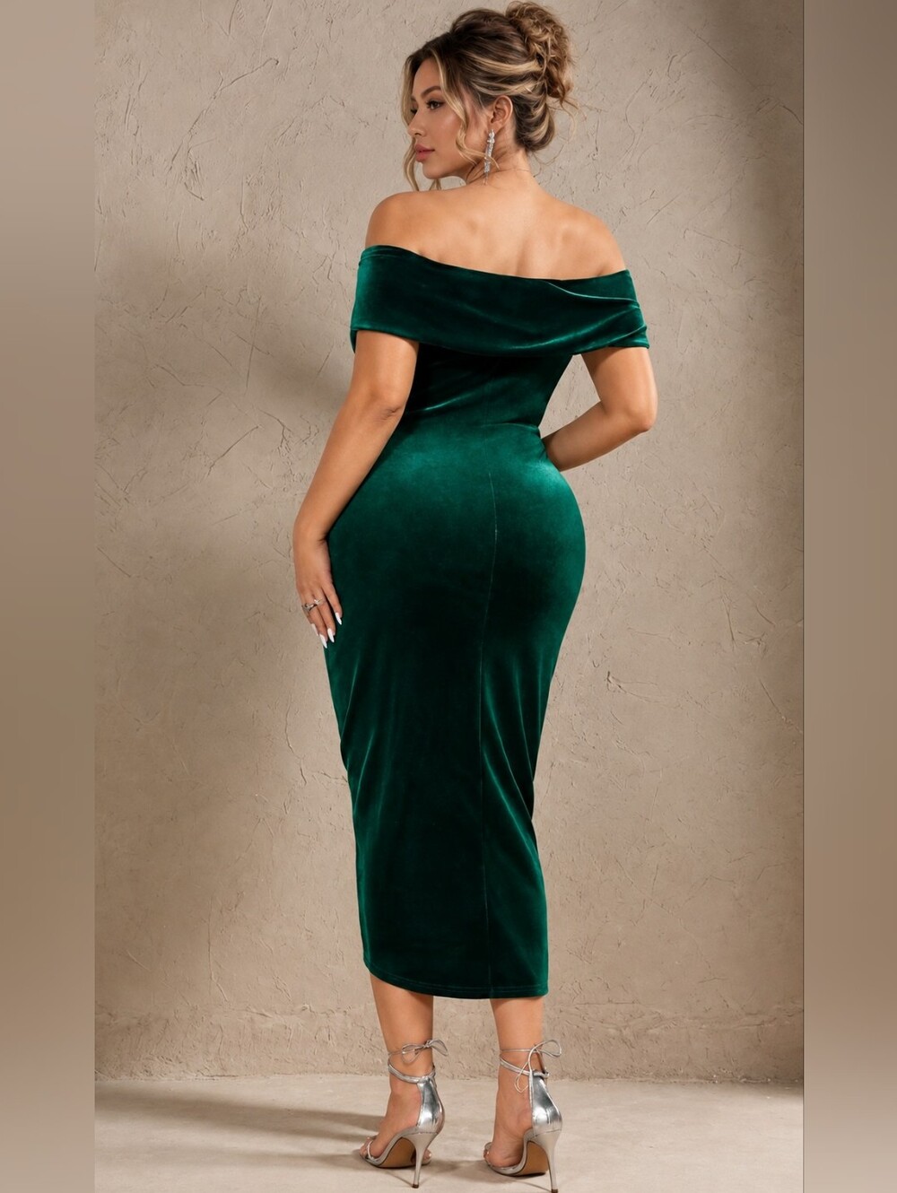 New PLUS Luxe Velvet Off Shoulder Dress Wrap Front Dark Green